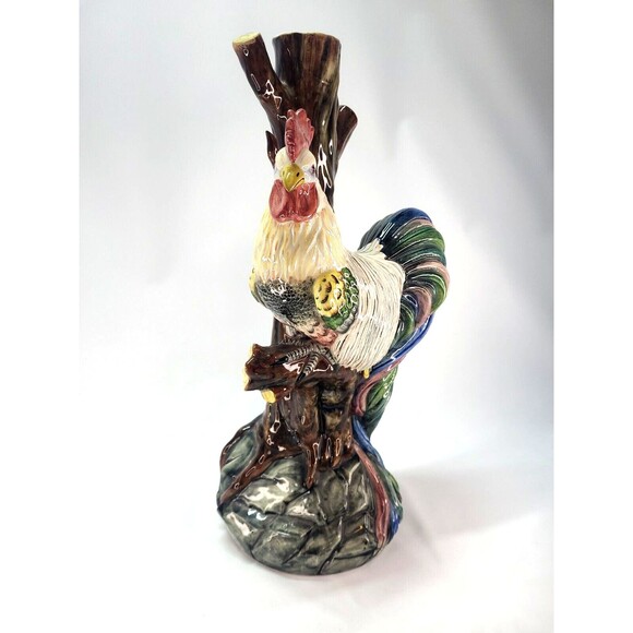 17" Italian Majolica Lamp Base Rooster & Tree Figurine Italy Hand Painted Signed - Picture 7 of 16